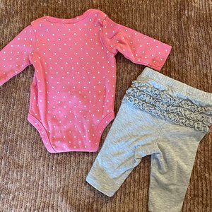 Carter's & Oldnavy Set - Pink Polka Dot Onesie & Grey Ruffled Leggings Newborn
